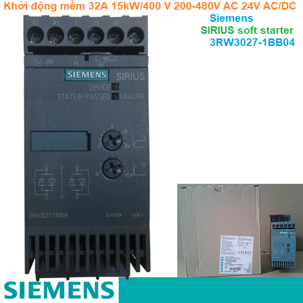 Khởi động mềm 32A 15kW/400V 200-480V AC 24V AC/DC - Siemens - SIRIUS soft starter 3RW3027-1BB04